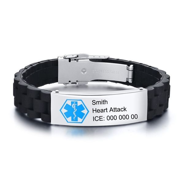 custom engraving name disease info emergency id bracelets for men black silicone sport medical alert wrist bangles